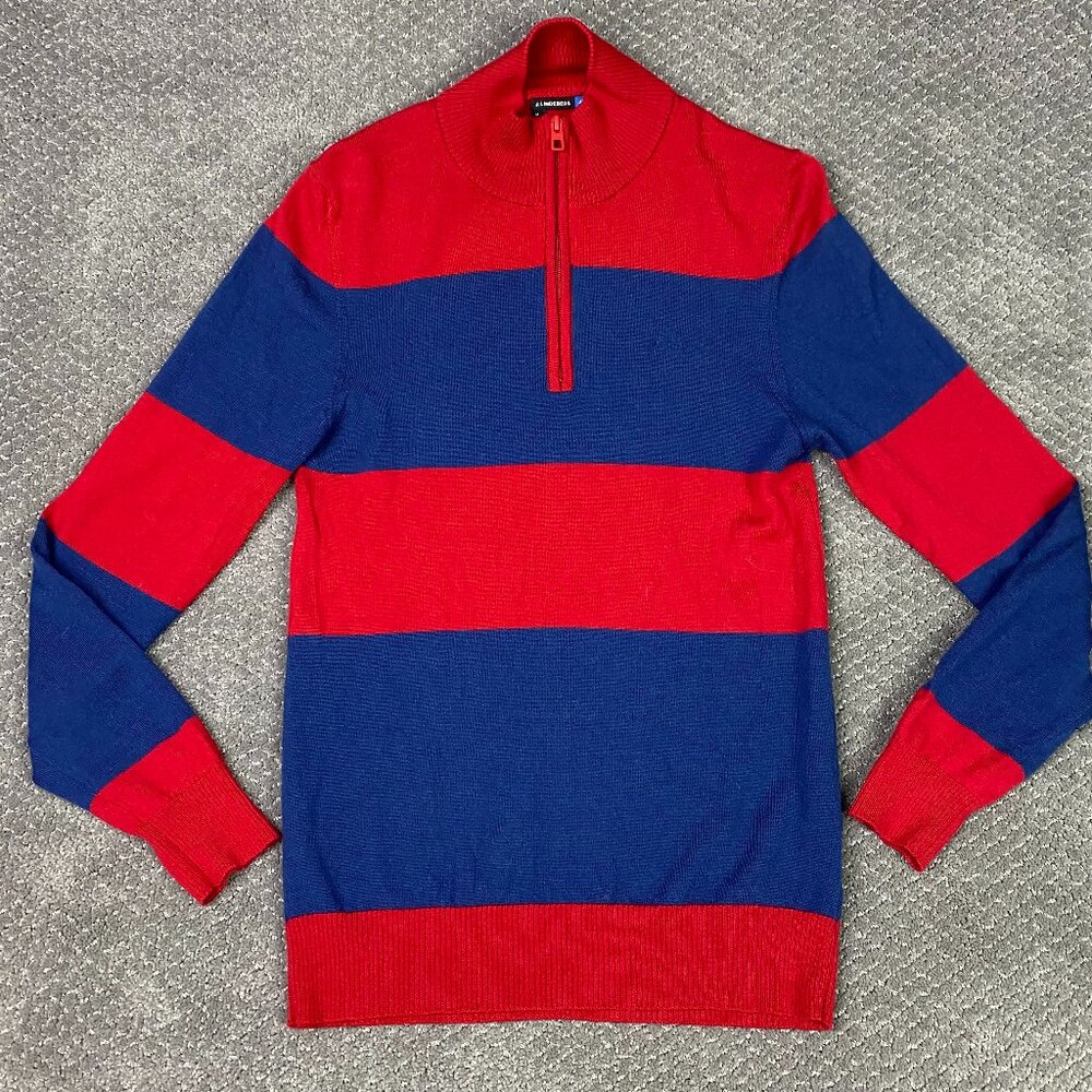J. Lindeberg Merino Wool Sweater Men's Medium Red Blue Ramsey 1/4 Zip Tour